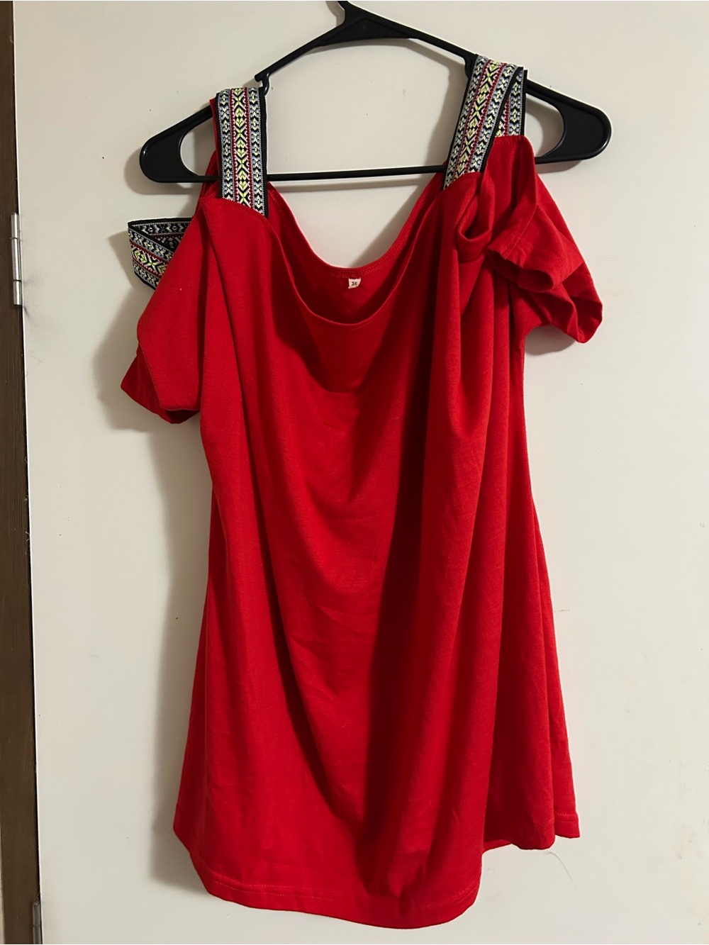Red Cold-Shoulder Dress with Embroidered Straps